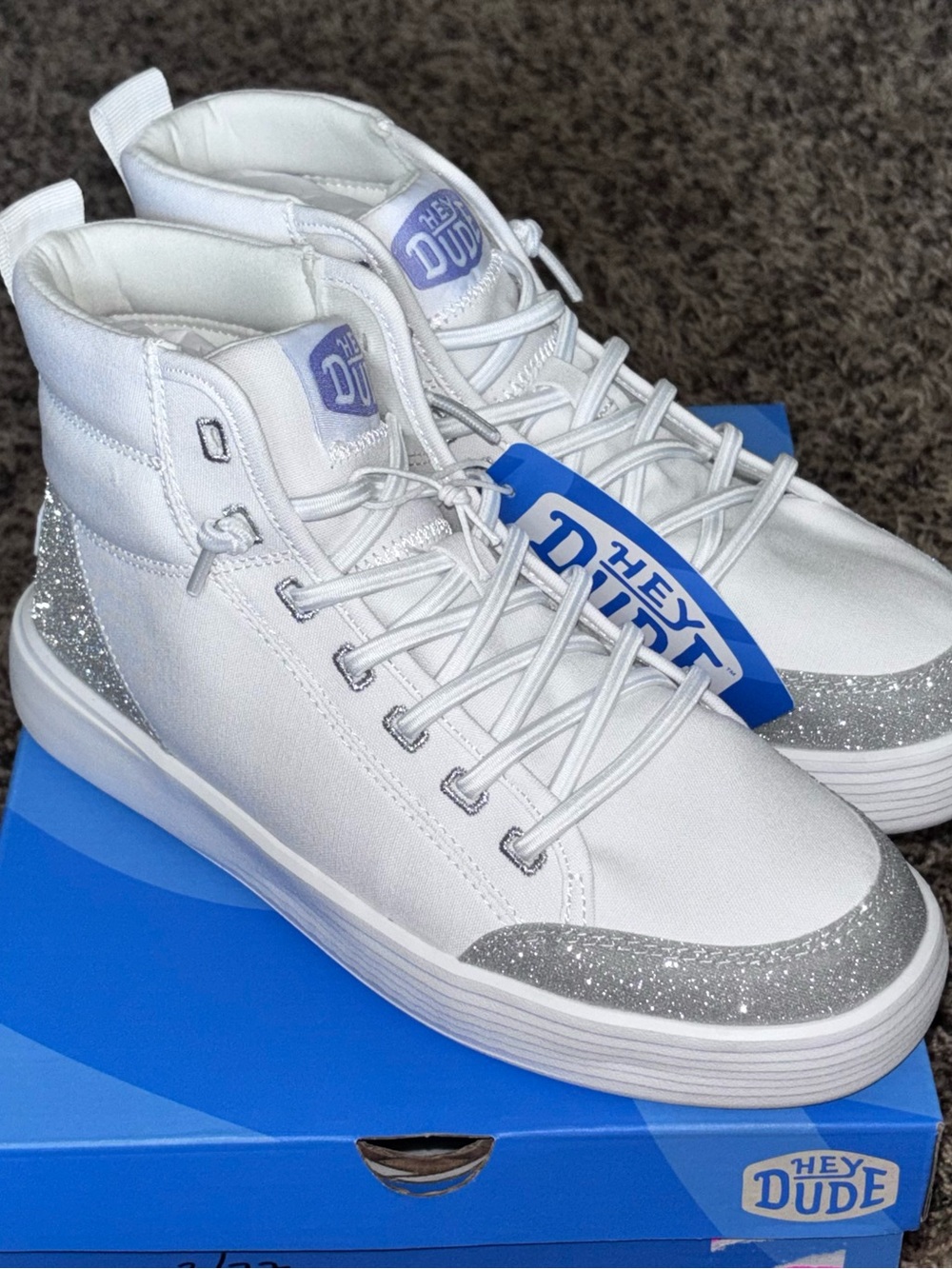 Hey Dude Cody Hi Y Sparkle Silver Sparkle & White Kid's Size J5 New